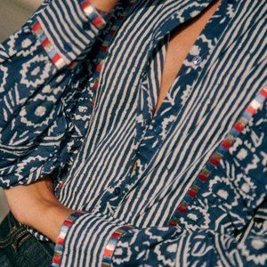 Sezane coletta blouse full sleeve blue and cream with ruffle details NWT 36 US 4